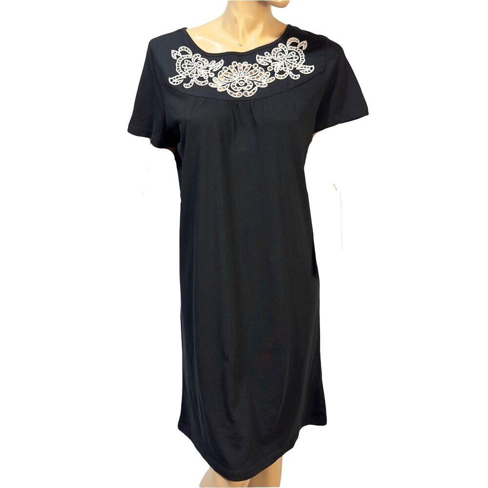 Talbots Black Dress Womens Size M Embroidered Neckline Short Sleeve Cotton NWT
